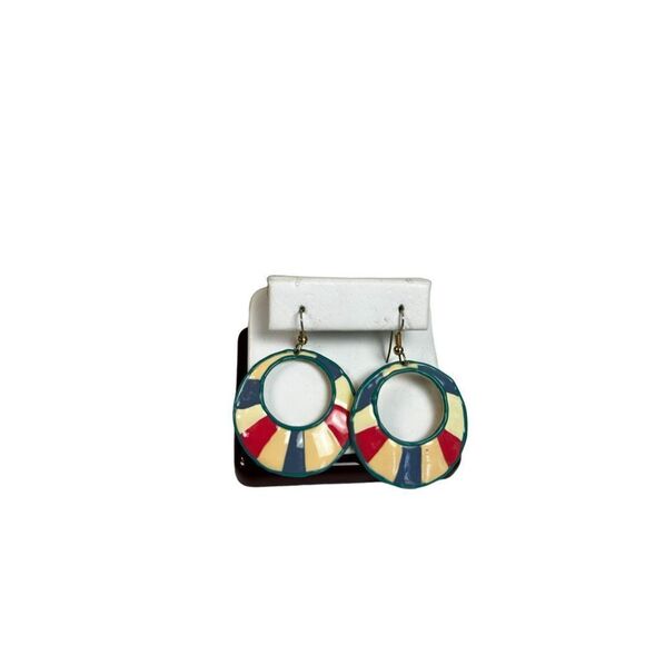Enamel painted green ivory and red color block earrings - Picture 1 of 7